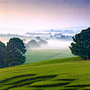 Nature Isometric Design: Meadow During Foggy Morning With Beautiful Landscape