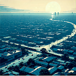 Urban Linocut Print: Aerial View Of Urban Renewal Area With Blue White