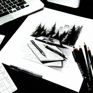 Business Charcoal Drawing: Workplace With Productivity Tools On Desk With Laptop Computer