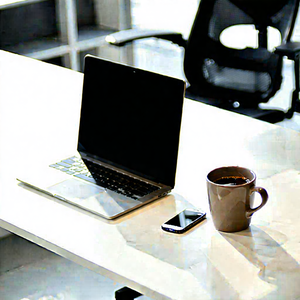 Business Lithograph: Workplace with laptop and coffee on desk
