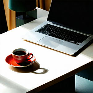 Business Abstract Design: Workplace With Laptop And Coffee On Desk With Laptop Computer