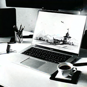Business Charcoal Drawing: Workplace with laptop and coffee on desk