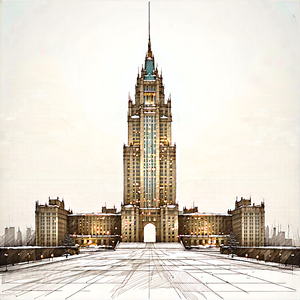 Urban Pencil Sketch: Famous Building With (snow:1.14) Covering With Drawing Large,