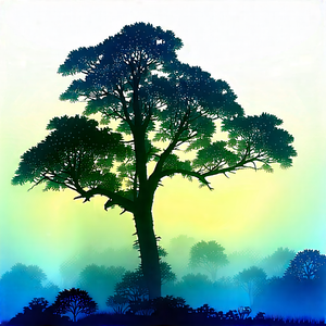 Nature Linocut Print: Ancient (tree:1.28) In Misty Environment With Large Tree