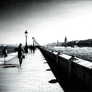 Urban Charcoal Drawing: Waterfront promenade with sightseeing