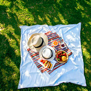 Lifestyle Drone Photography: Summer Picnic During Holiday Season With Blanket Spread