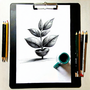 Business Charcoal Drawing: Workplace With Productivity Tools On Desk With Drawing Leaf