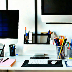 Business Matte Painting: Workplace With Modern Office Supplies On Desk With White Desk