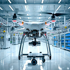 Tech Drone Photography: Healthcare Technology In Manufacturing Facility With White Drone