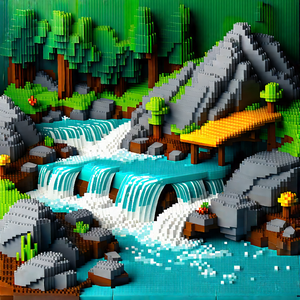 Nature Voxel Art: Mountain stream surrounded by rocky shores