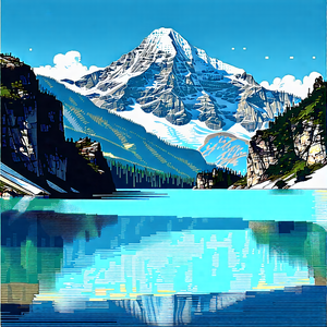 Nature Woodcut Print: Clear Sky Over Alpine Lake With Large Mountain