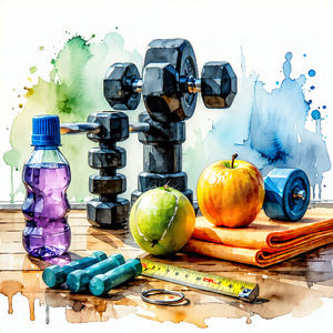 Lifestyle Watercolor Painting: Wellness Scene With Fitness Equipment With Image, There