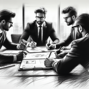 Business Charcoal Drawing: Corporate Team Collaborating On Business Strategy With There Four