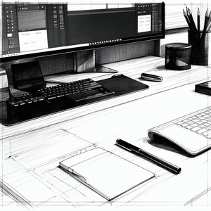 Business Ink Drawing: Workplace With (digital:1.42) Devices On Desk With Computer Desk