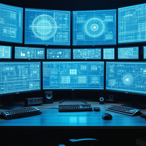 Business Blueprint Style: Creative professional using multiple monitors