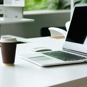 Business Geometric Design: Workplace with laptop and coffee on desk