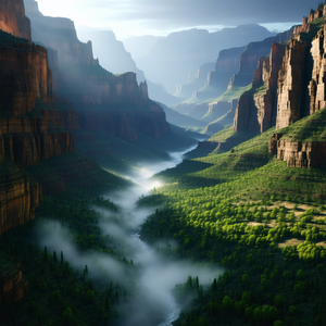 Nature 3D Render: (mist:1.23) over canyon floor