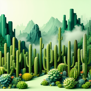 Nature Isometric Design: Cactus In Misty Environment With Lush Green
