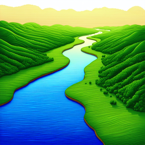 Nature Linocut Print: Aerial View Of Winding River With Painting River