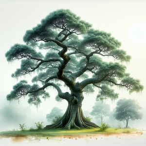 Nature Pencil Sketch: Ancient Tree In Misty Environment With Large, Tree