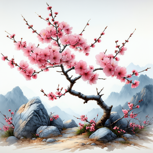 Nature Pastel Drawing: Cherry Blossoms In Rocky Terrain With Beautiful Tree