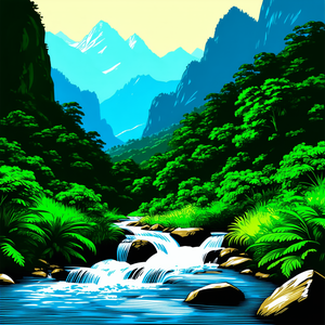 Nature Linocut Print: Mountain Stream Surrounded By Lush Vegetation With Colorful Painting