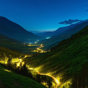 Nature Technical Illustration: Valley During Night With Beautiful Mountain