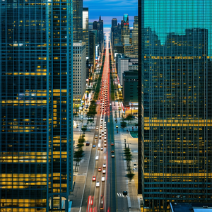 Urban Drone Photography: Cityscape Of Downtown District During Rush Hour With Busy City