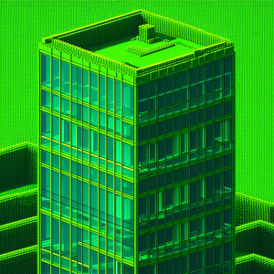 Urban Voxel Art: Glass Office Tower With Green Rooftop With Large, Green