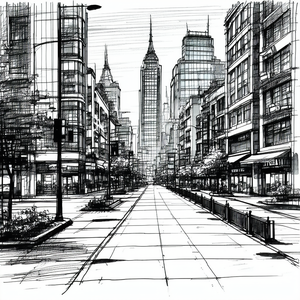 Urban Ink Drawing: Urban Shopping District Scene With City Street