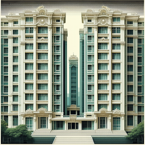 Urban Linocut Print: (modern:1.44) Apartment Complex With Ornate Details With Painting Large