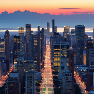 Urban Abstract Design: Cityscape Of Downtown District During Sunset With Nighttime View
