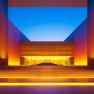 Urban Geometric Design: Cultural Center With (sunset:1.38) Glow With Large Building