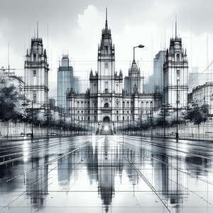 Urban Blueprint Style: Famous Building With Rain-slicked Streets With Image, There